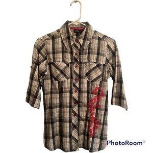 Vanity Plaid Women’s Medium Western Button-up Shirt Floral Hot Pink Embroidery